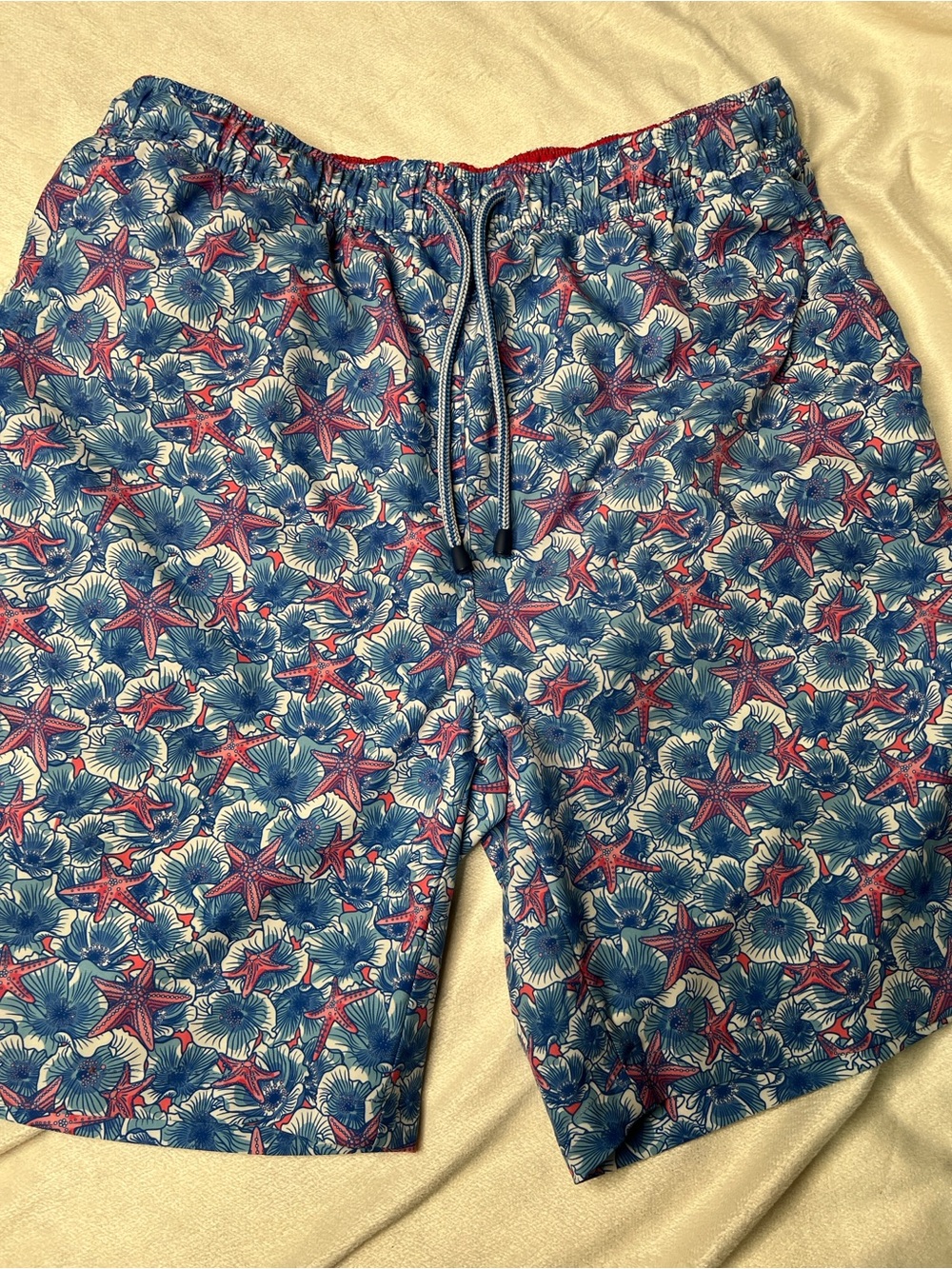 Peter Millar Blue and Red Starfish Print Swim Trunks